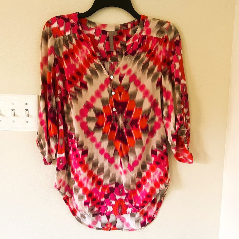 Brina & Em Printed V-Neck Blouse, Coral/Pink/Plum, Size S